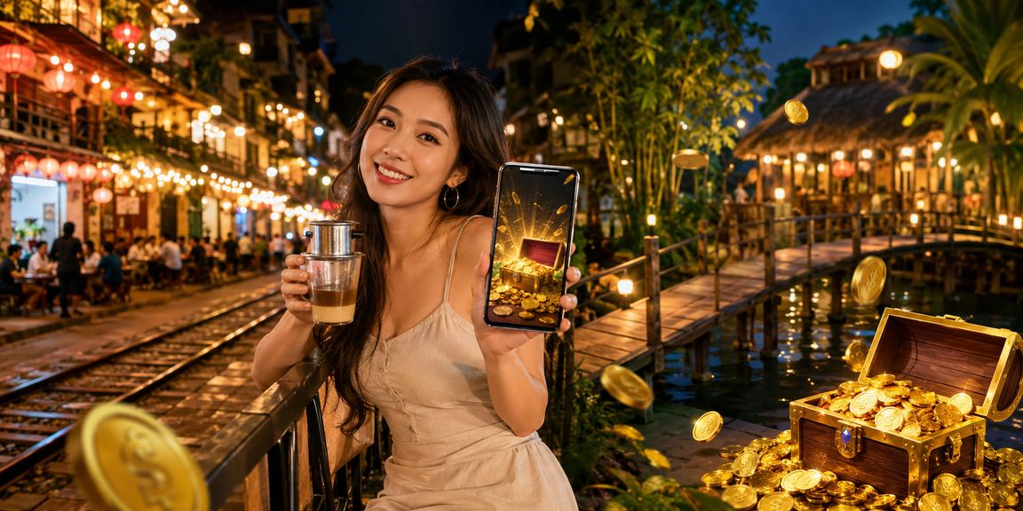 Người chơi Hà Nội ngồi quán cà phê đọc thông tin thưởng nạp và điều kiện khuyến mãi trên điện thoại