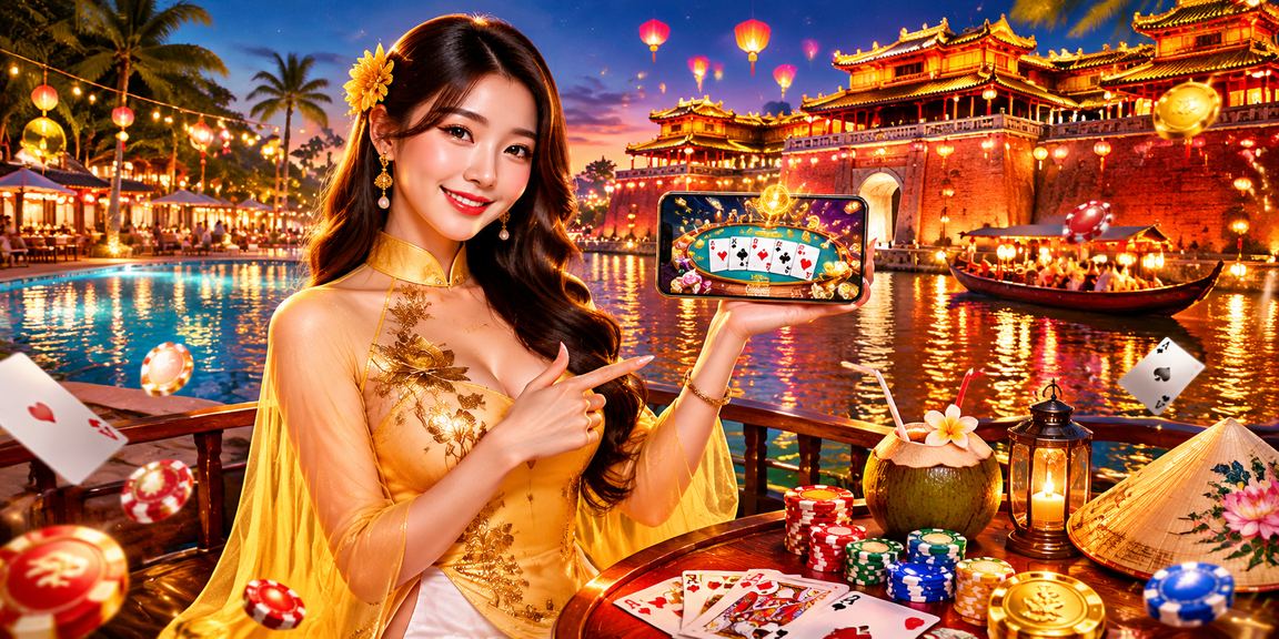 Người phụ nữ mặc áo dài Huế tham gia trò chơi bài truyền thống với không khí thân thiện